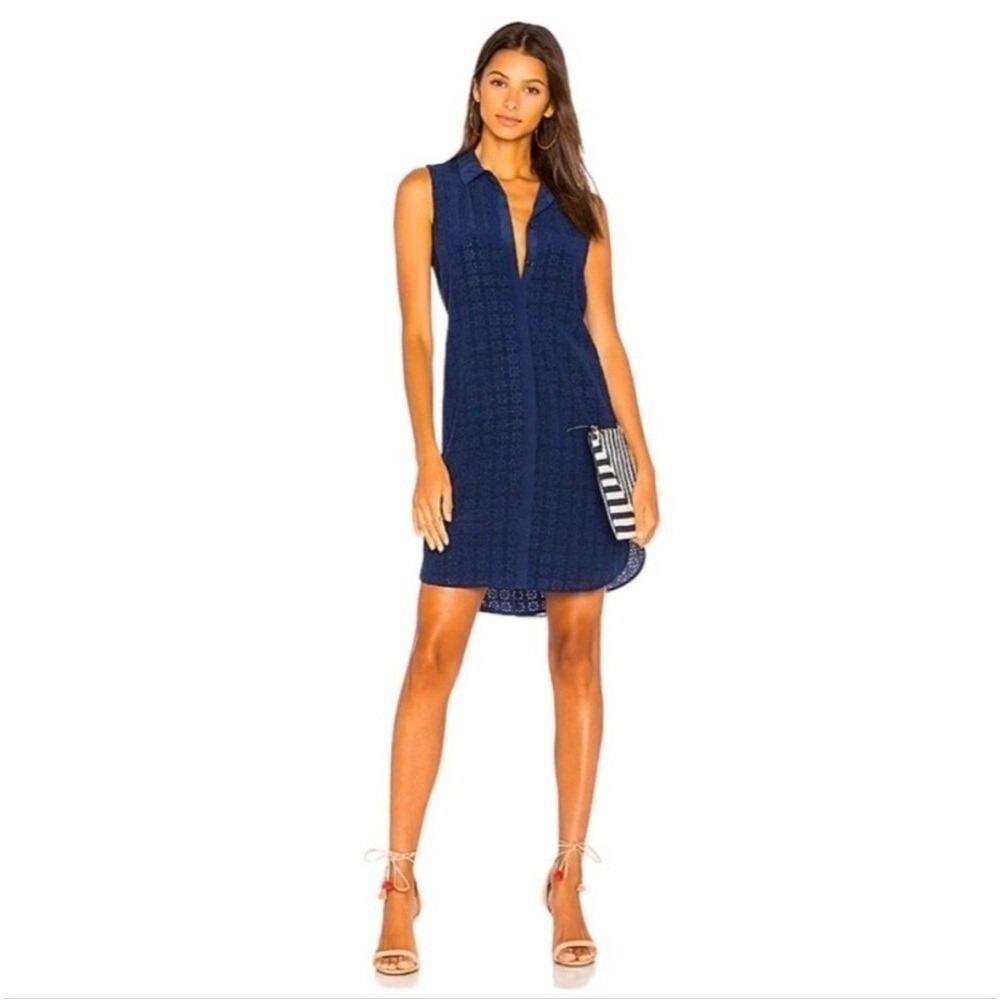 Equipment Femme Eyelet Sleeveless Shirt Dress Womens Small Navy Summer